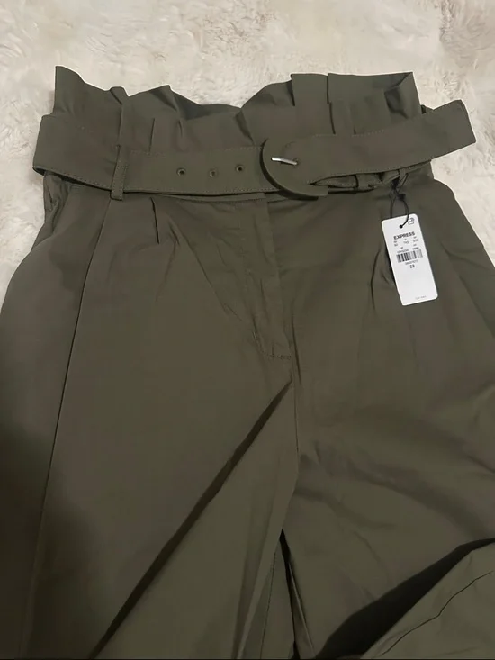 Express Olive Green Paperbag Waist Wide-Leg Chinos W/ Belt - Picture 2 of 7